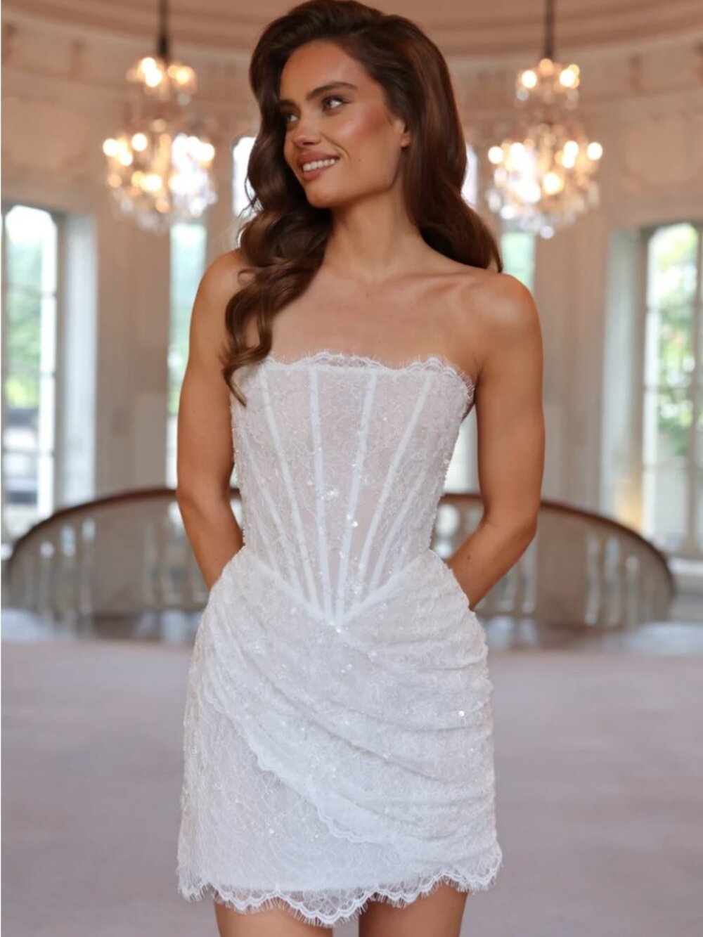 Strapless White Lace Mini Dress with Corset Bodice